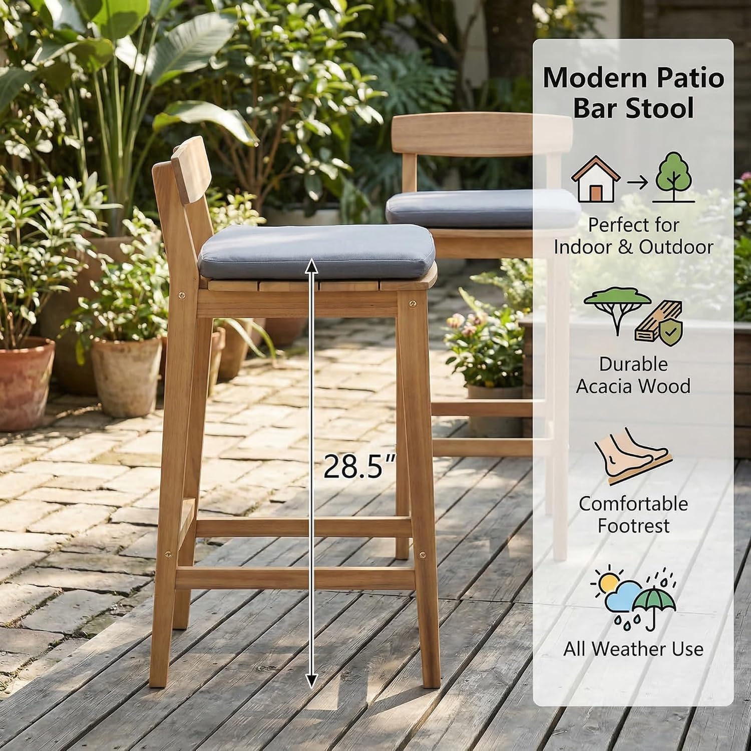 3 Piece Outdoor Patio Bar Set, Modern Patio Furniture Set, Acacia Counter Height Barstools