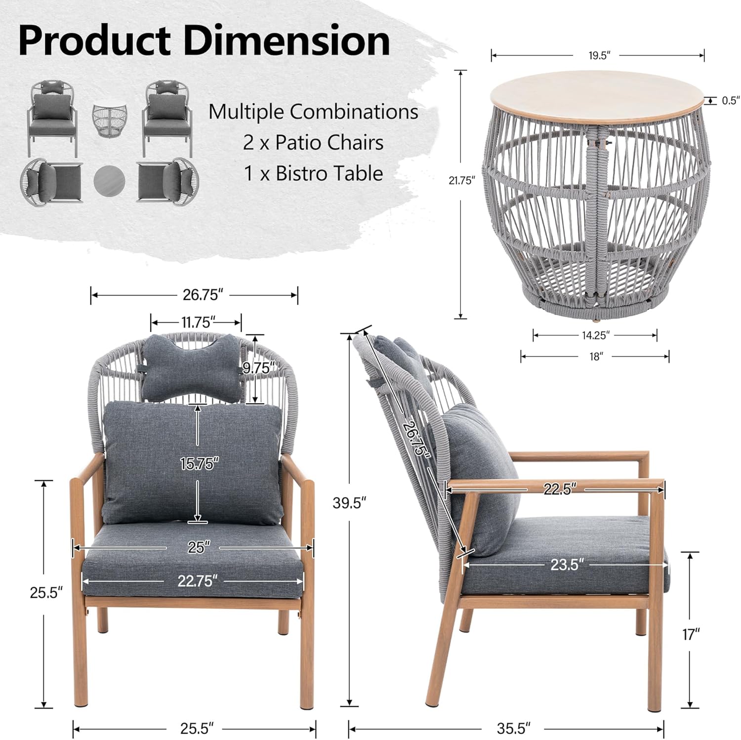3 Piece Patio Bistro Set, Metal Bistro Table and Chairs Set of 2, Rattan Outdoor Furniture Set