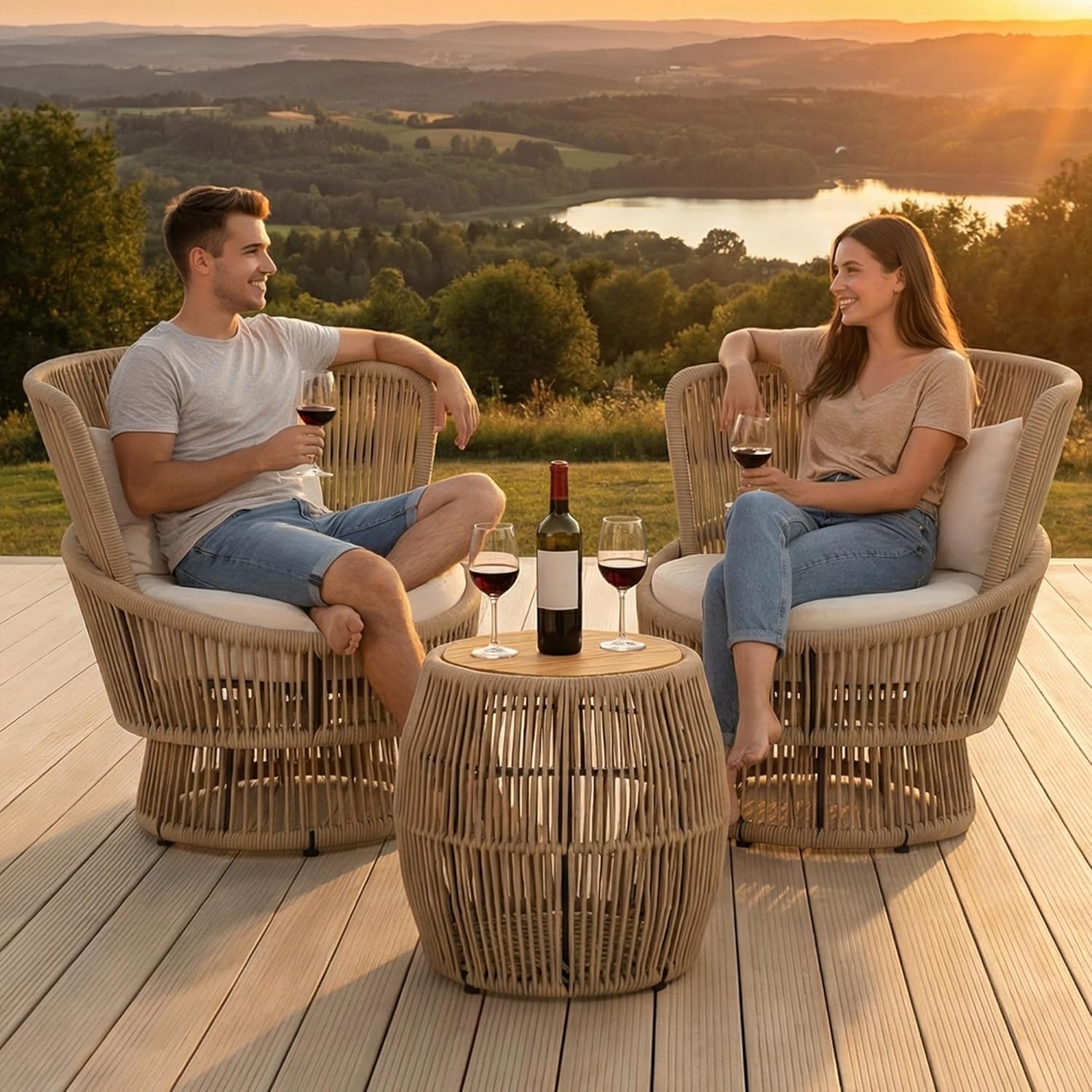 Outdoor Swivel Chairs Set of 2 with Coffee Table, 3 Pieces Patio Bistro Set with Armrests