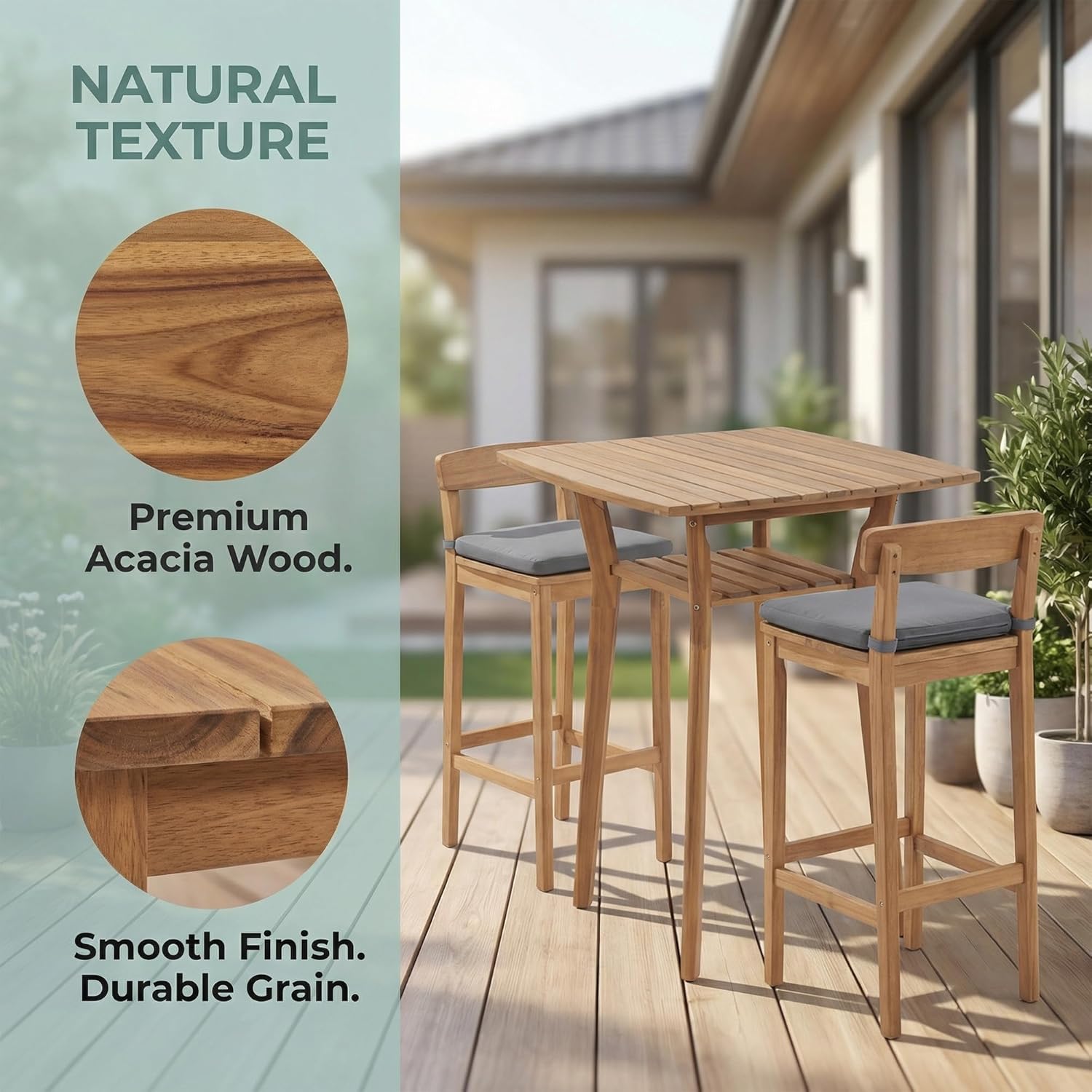 3 Piece Outdoor Patio Bar Set, Modern Patio Furniture Set, Acacia Counter Height Barstools