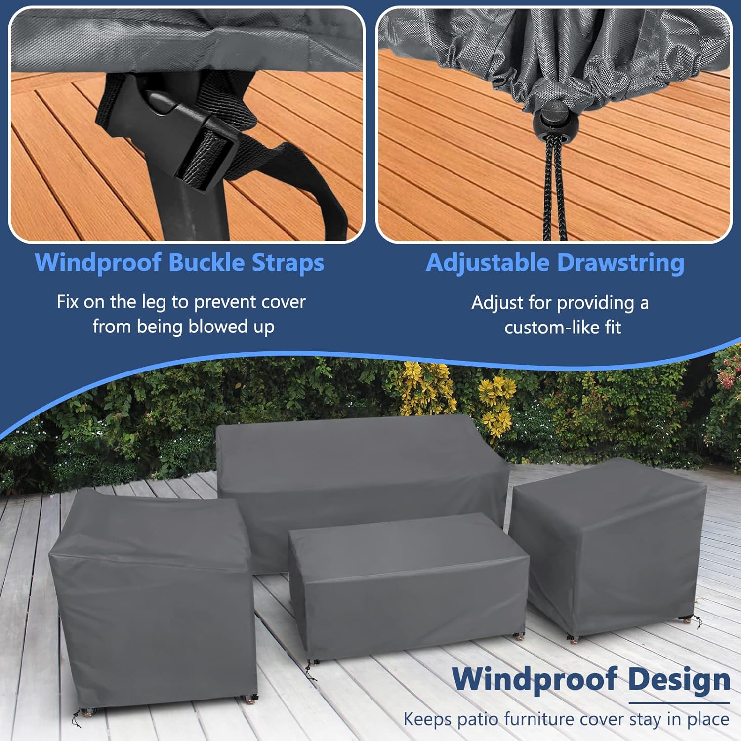 4 Piece Patio Furniture Set Cover for Outside Couch, Lawn Chairs, Coffee Table, Windproof with Buckle Strap