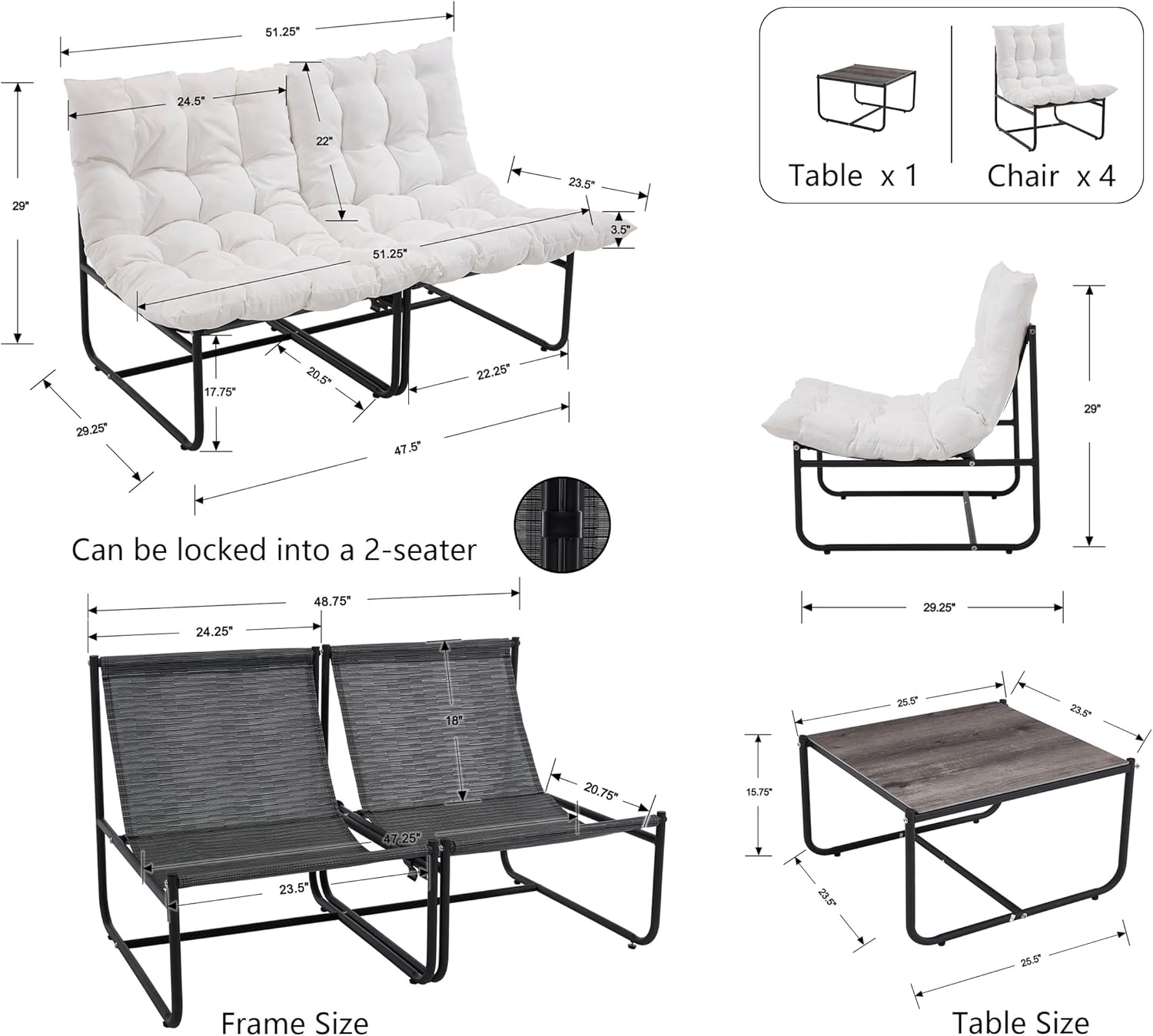 5 Piece Patio Furniture Set, Metal Outdoor Conversation Set for 4, All Weather Patio Bistro Sets