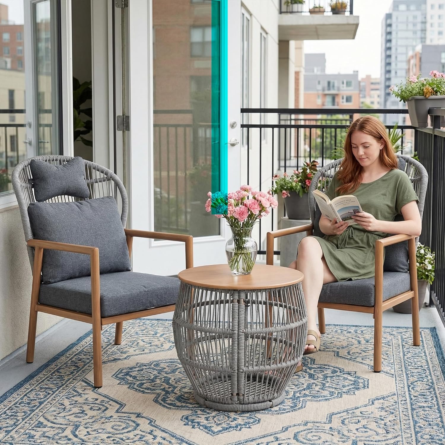 3 Piece Patio Bistro Set, Metal Bistro Table and Chairs Set of 2, Rattan Outdoor Furniture Set