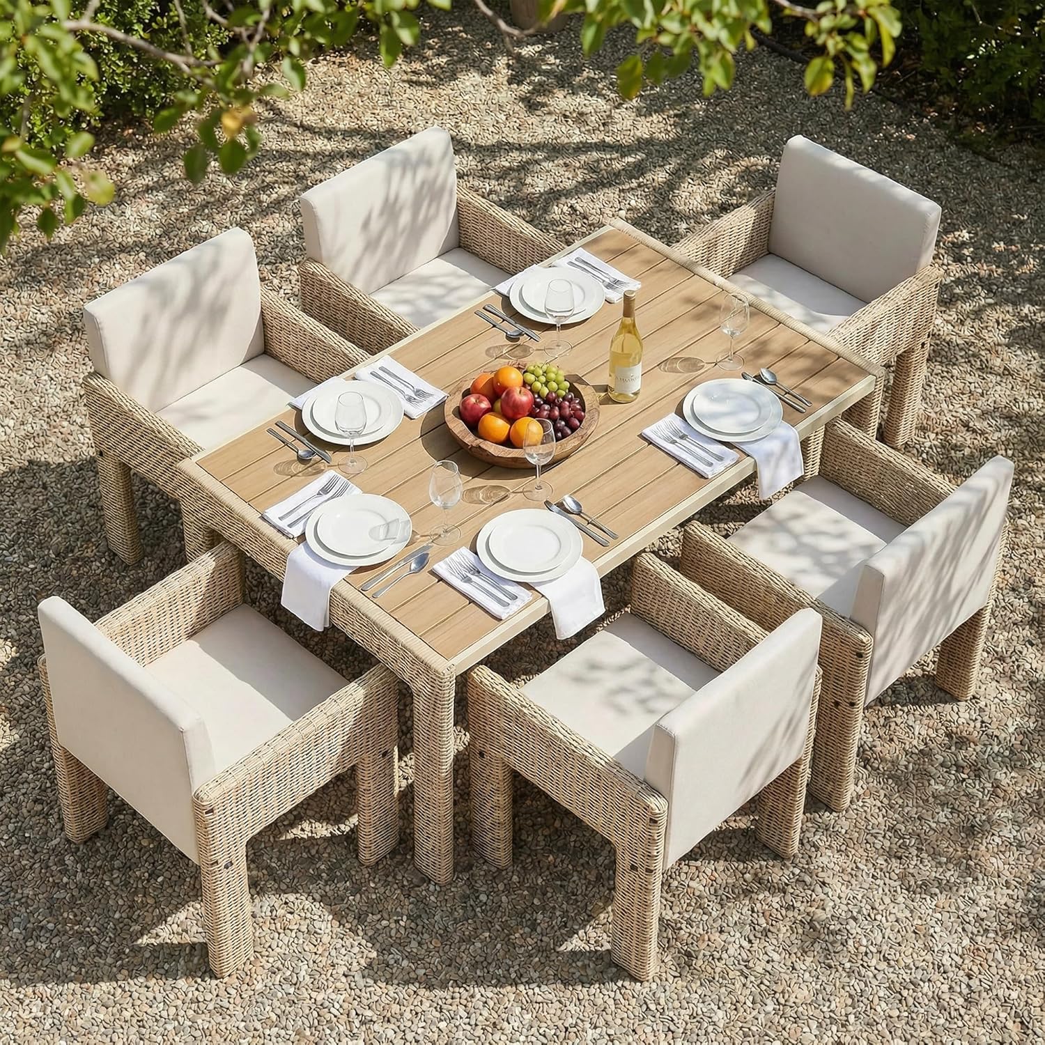 Wicker Outdoor Dining Set for 6, Modern 7 Piece Patio Dining Set with High Back