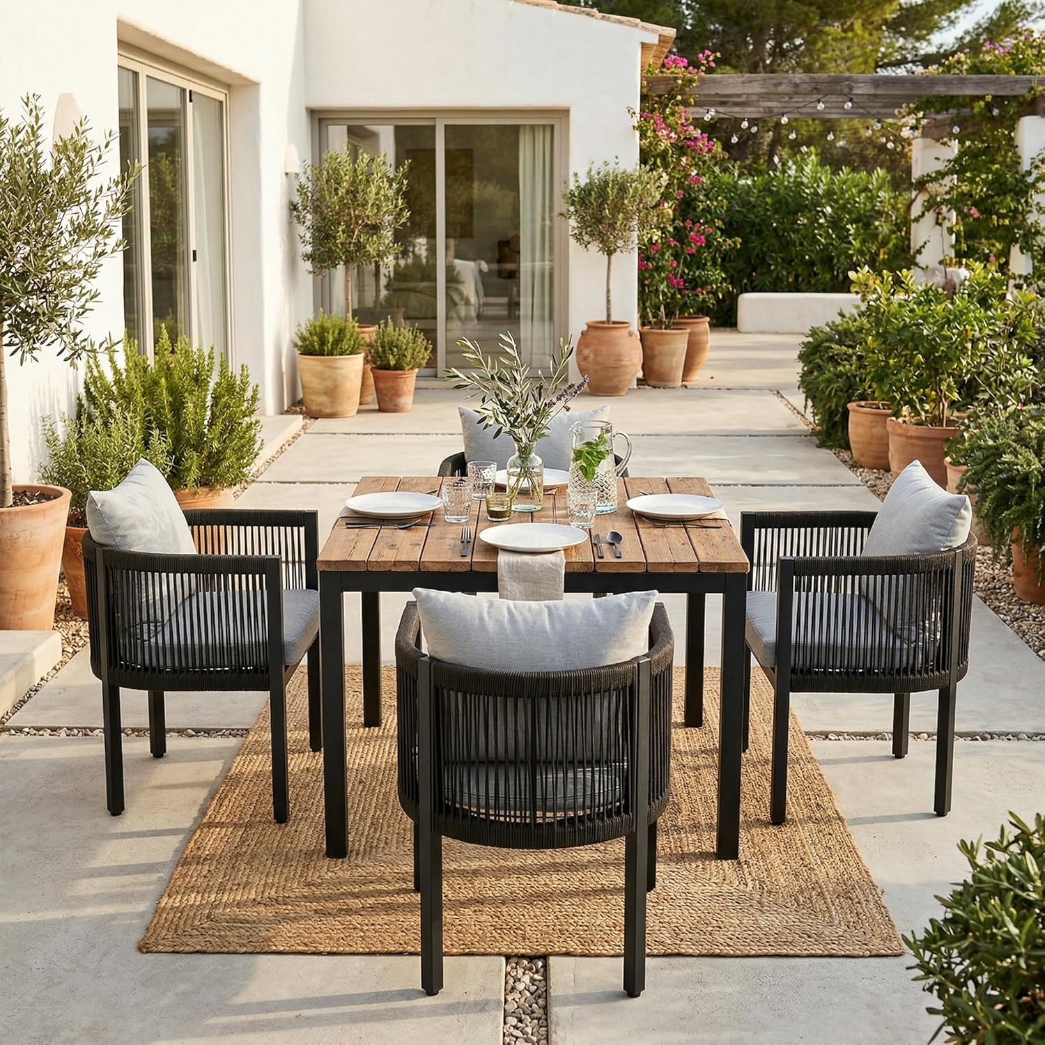 Rope Rattan Patio Furniture Set, All Weather Outdoor Dining Chairs with Cushions, Metal Barrel Dining Room Chair