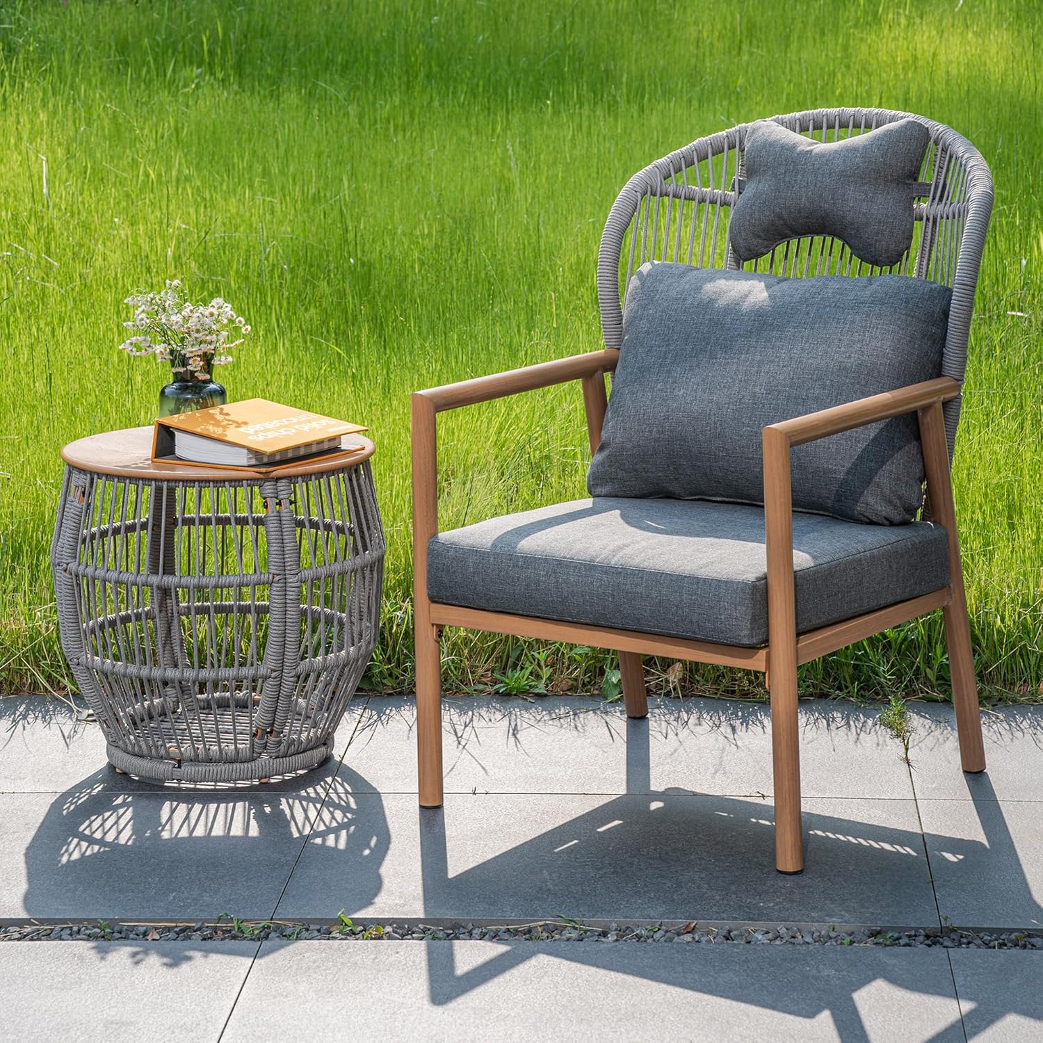 3 Piece Patio Bistro Set, Metal Bistro Table and Chairs Set of 2, Rattan Outdoor Furniture Set