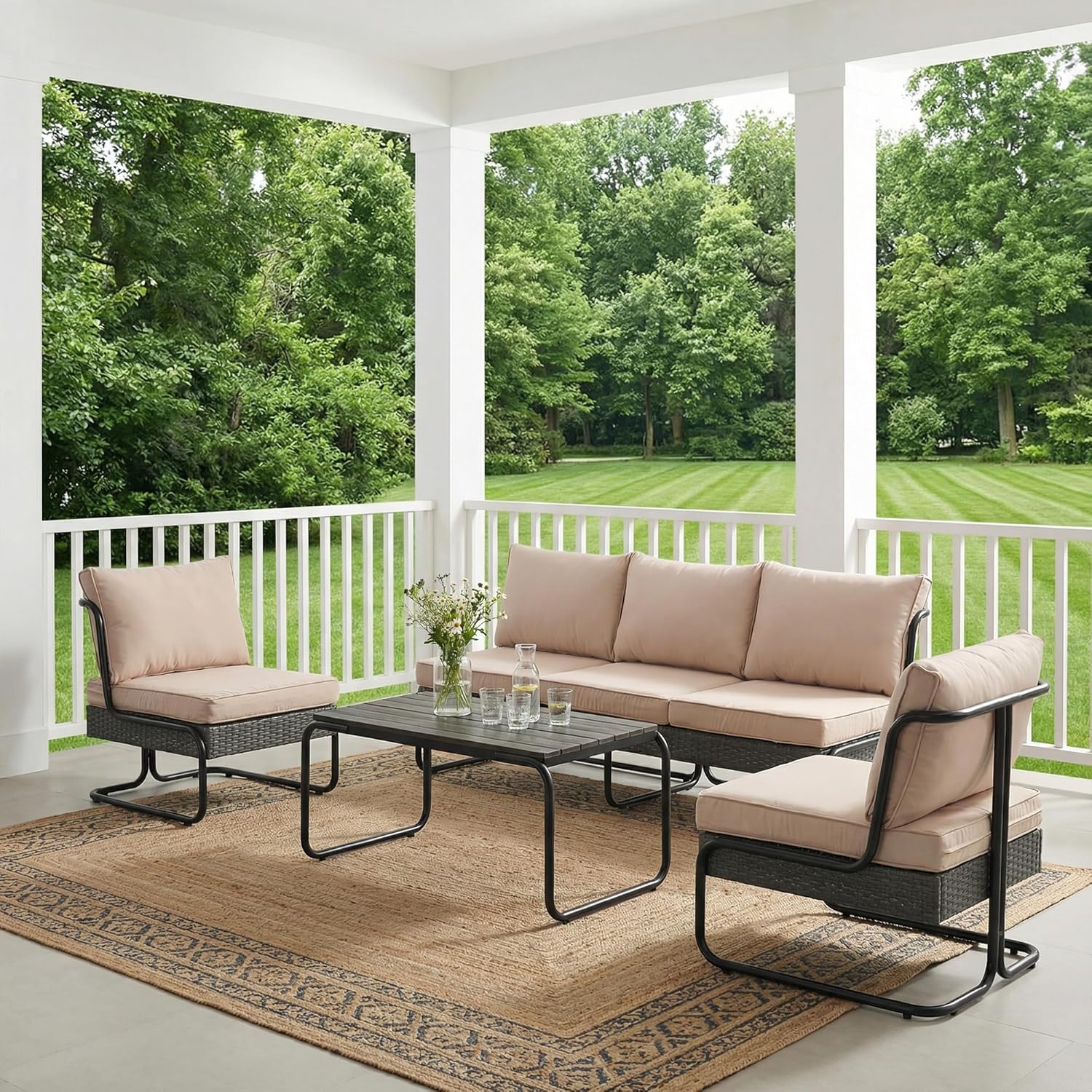 4 Piece Patio Furniture Set, Modern Patio Conversation Set for 5, All Weather Bistro Furniture Set