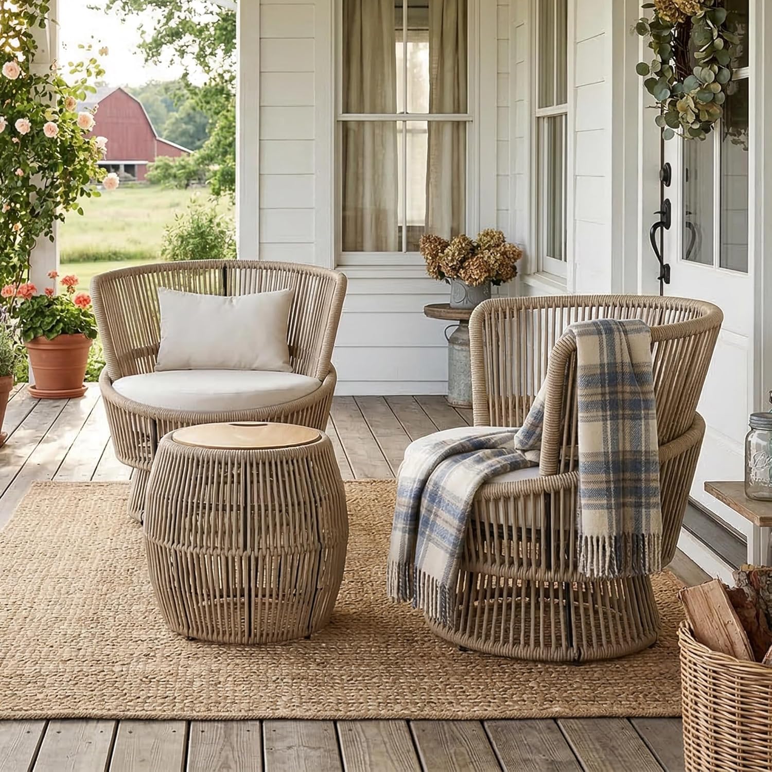 Outdoor Swivel Chairs Set of 2 with Coffee Table, 3 Pieces Patio Bistro Set with Armrests