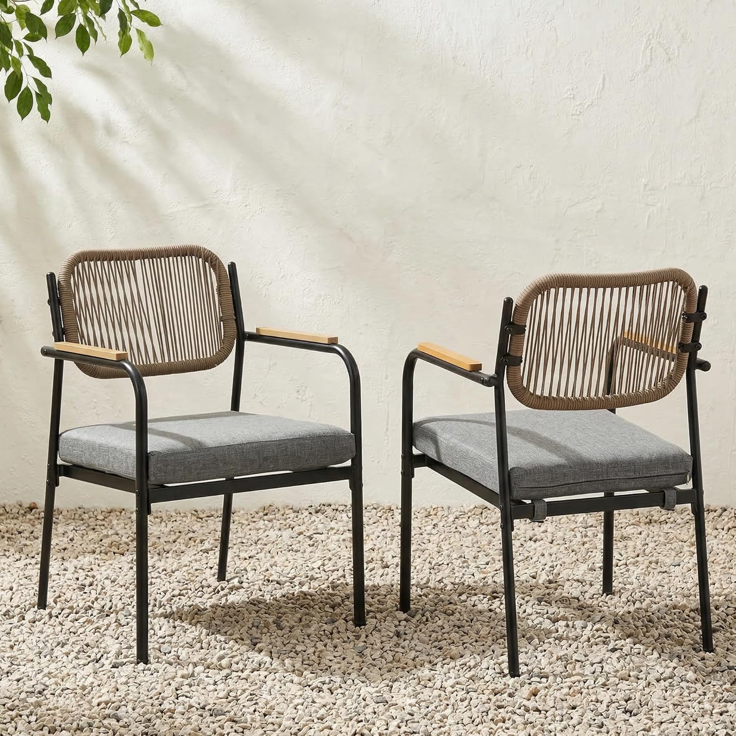 Set of 2 Wicker Patio Dining Chairs with Removable Cushions, Rectangle Patio Table Chair, All Weather Outdoor Chairs