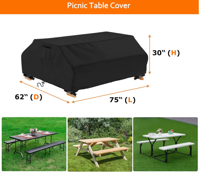 Waterproof Picnic Table Cover Outdoor Patio Bench Covers for 6 ft Picnic Table Bench Set Windproof 70 / 72 Inch Black
