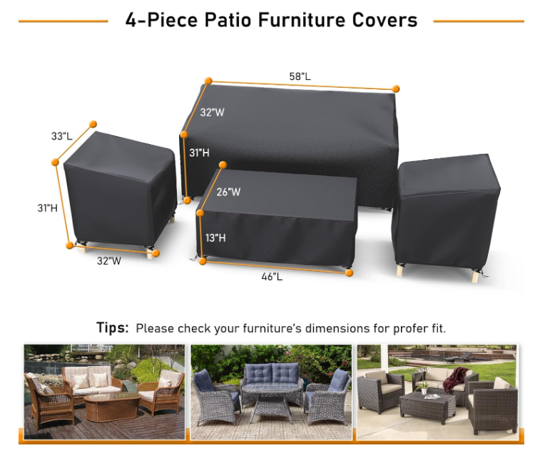 Heavy Duty 600D Patio Furniture Covers 4-Piece Set for Loveseat, Chairs and Coffee Table, Outdoor Waterproof