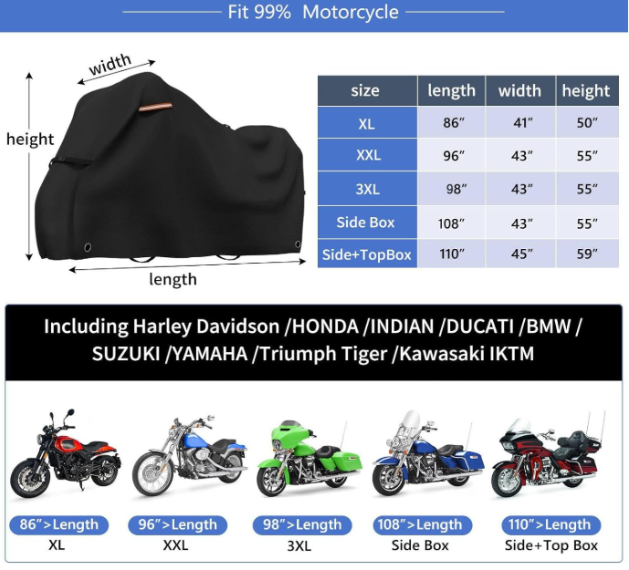 Motorcycle Covers Waterproof Outdoor Storage Heavy Duty All Season Universal Vehicle Cover for Harley Davidson Sport, Cruisers, Softail, Adventure Series and Most Motorcycles 96"x43"x55"