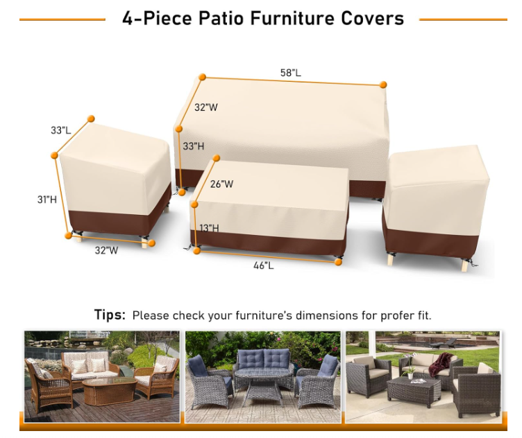 Outdoor Waterproof Patio Furniture Covers 4-Piece Set for Chairs, Loveseat and Coffee Table, Heavy Duty 600D