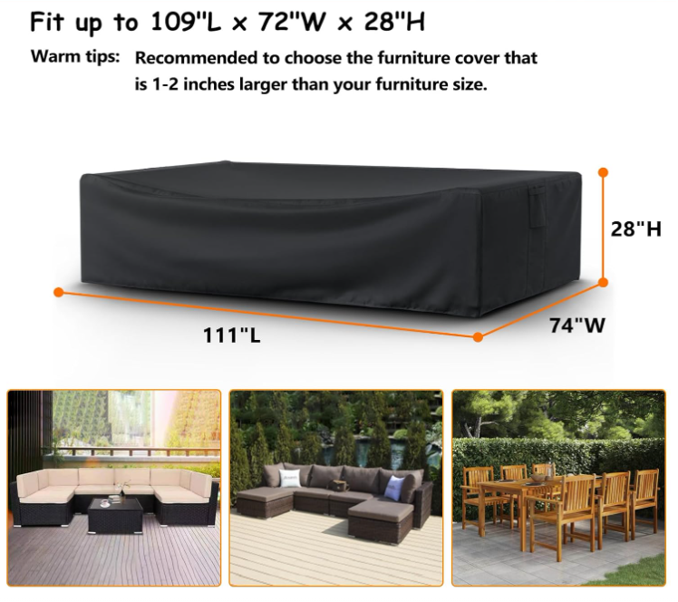 Patio Furniture Covers Waterprpoof, Tear Resistant Rectangular Outdoor Furniture Set Cover for Table Chairs and Sectional Sofa, 111"L x 74"W x 28"H