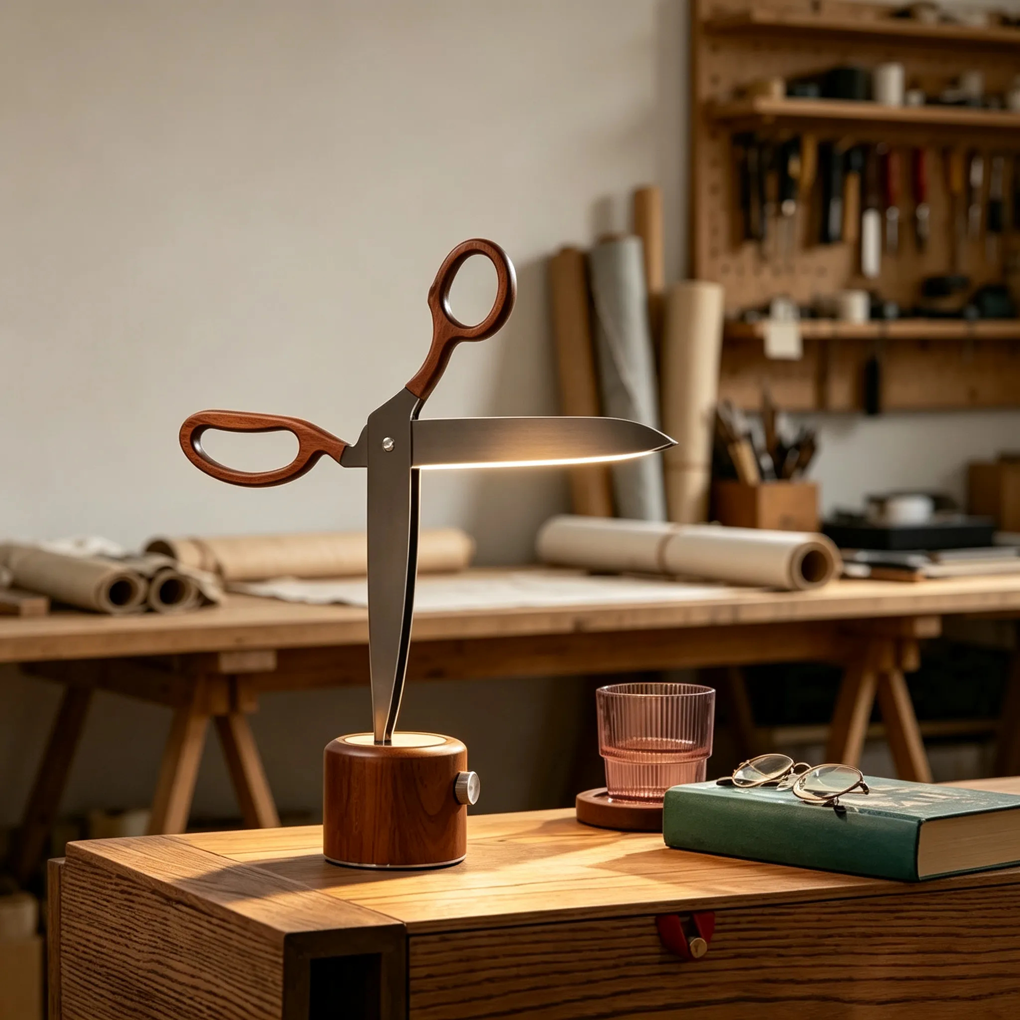 ✂️ Scissors-Shaped Sapele Wood Desk Lamp