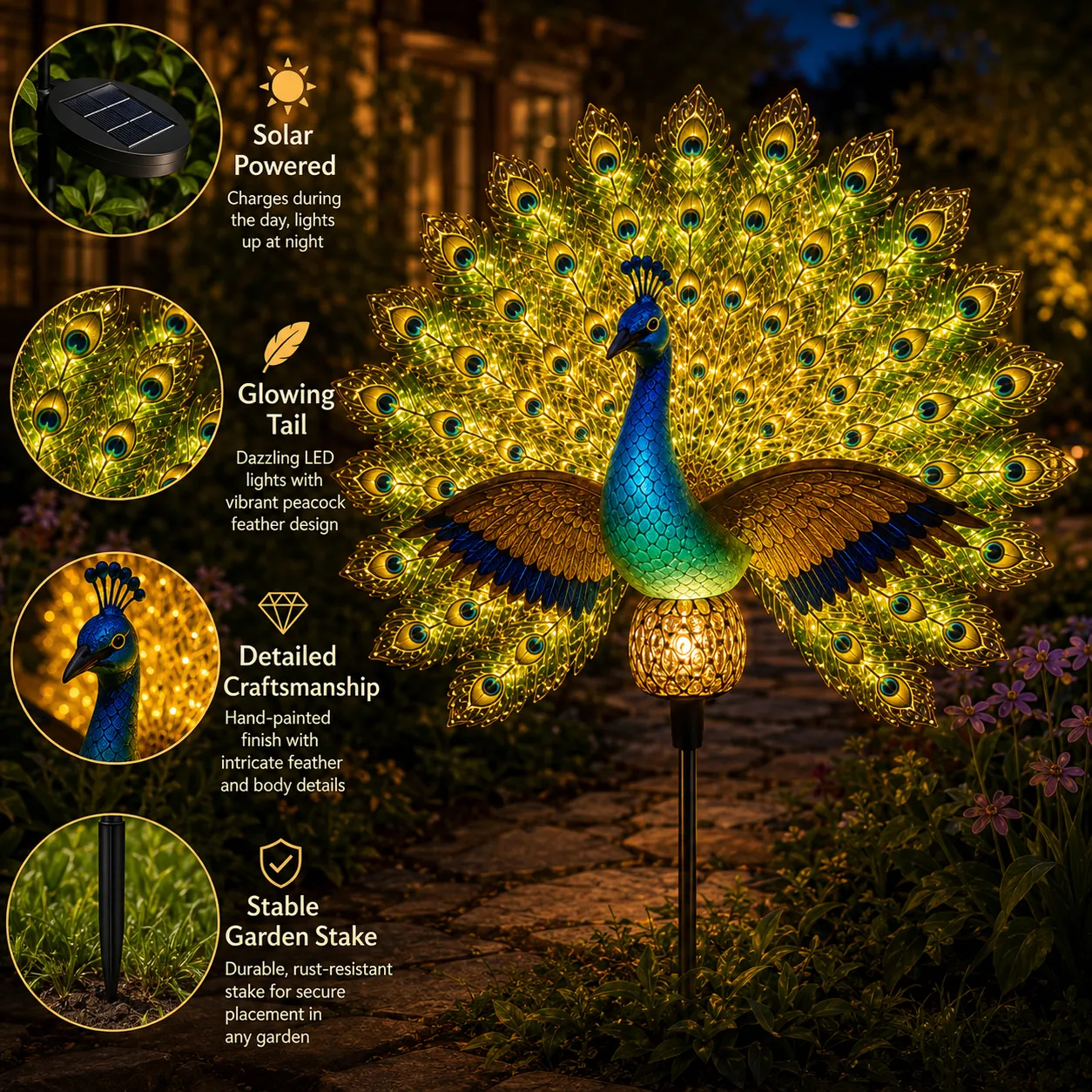 🦚 Solar Peacock Garden Sculpture – Lifelike Color Glowing Outdoor Yard Landscape Ornament