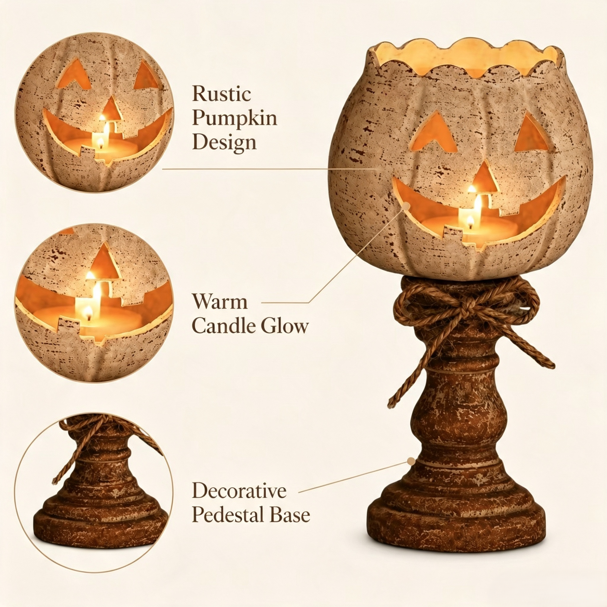 🎃 Rustic Jack O Lantern Pedestal Candle Holder Farmhouse Halloween Fall Tabletop Decor