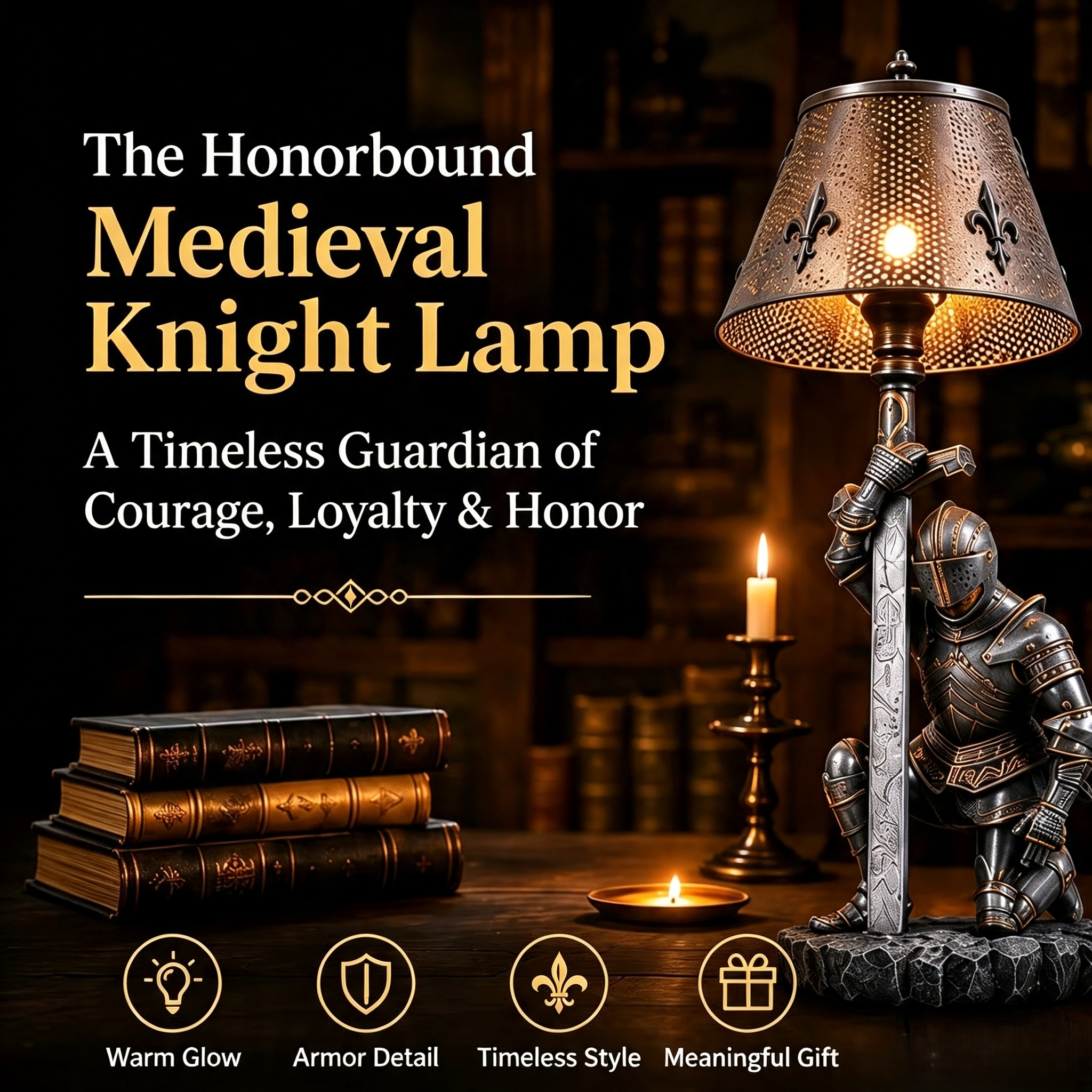 🏰 Medieval Kneeling Knight Table Lamp Gothic Crusader Warrior Sculpture Desk Light