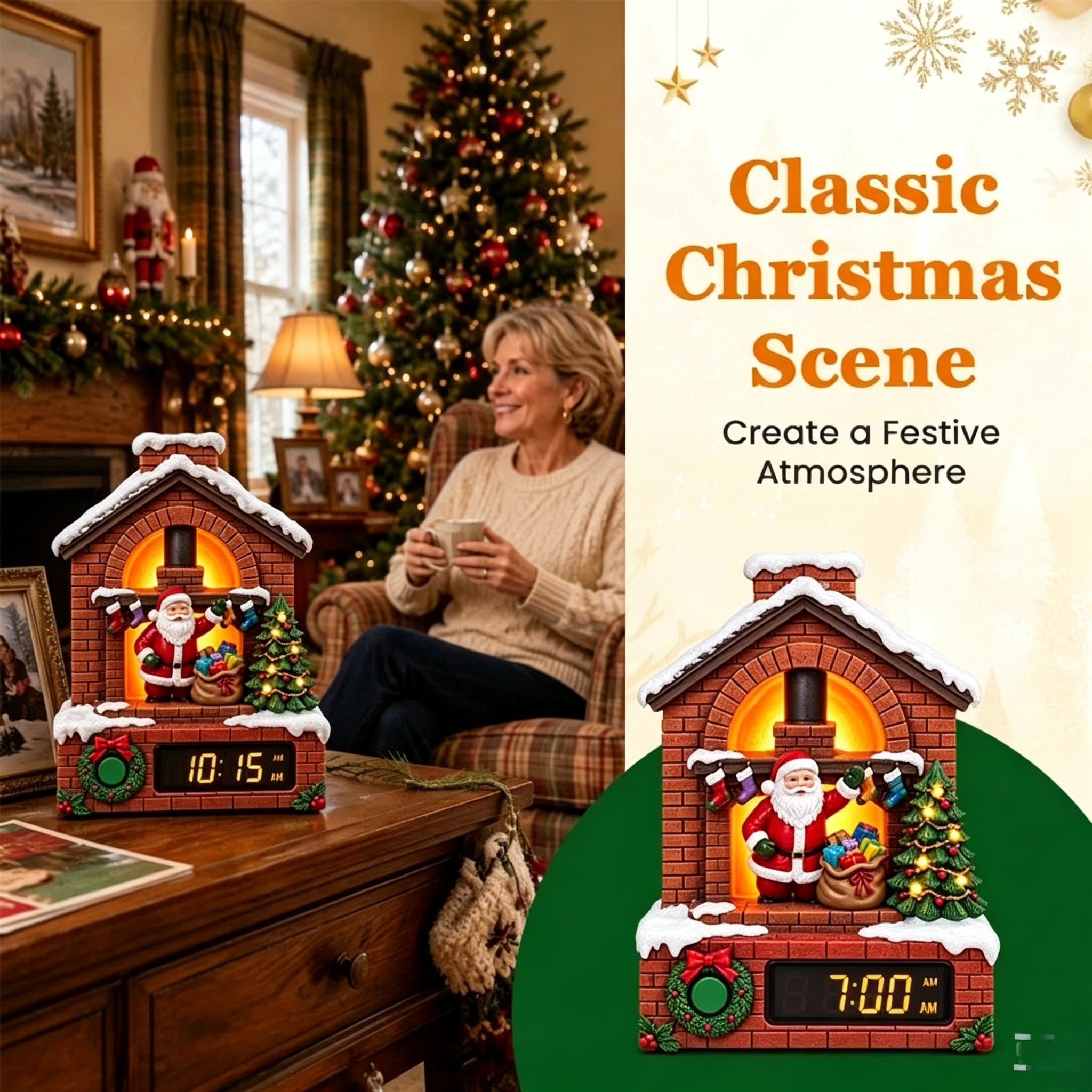 🎅 Santa Fireplace Light‑Up Christmas Alarm Clock