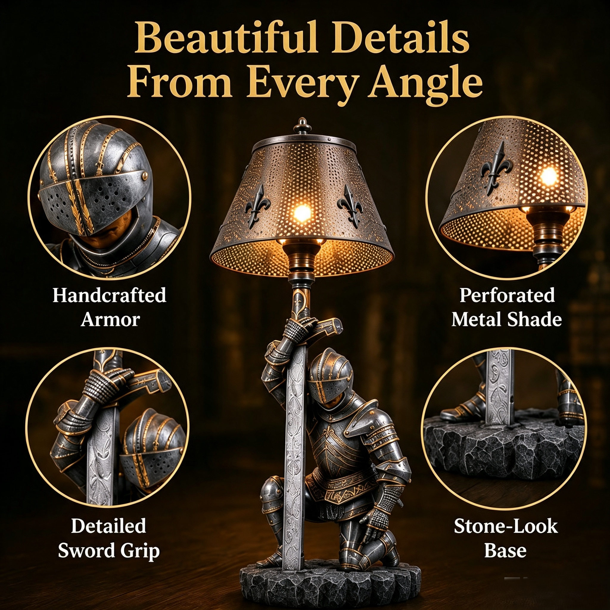 🏰 Medieval Kneeling Knight Table Lamp Gothic Crusader Warrior Sculpture Desk Light