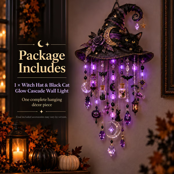 🧙 Witch Hat & Black Cat Glow Cascade Wall Light