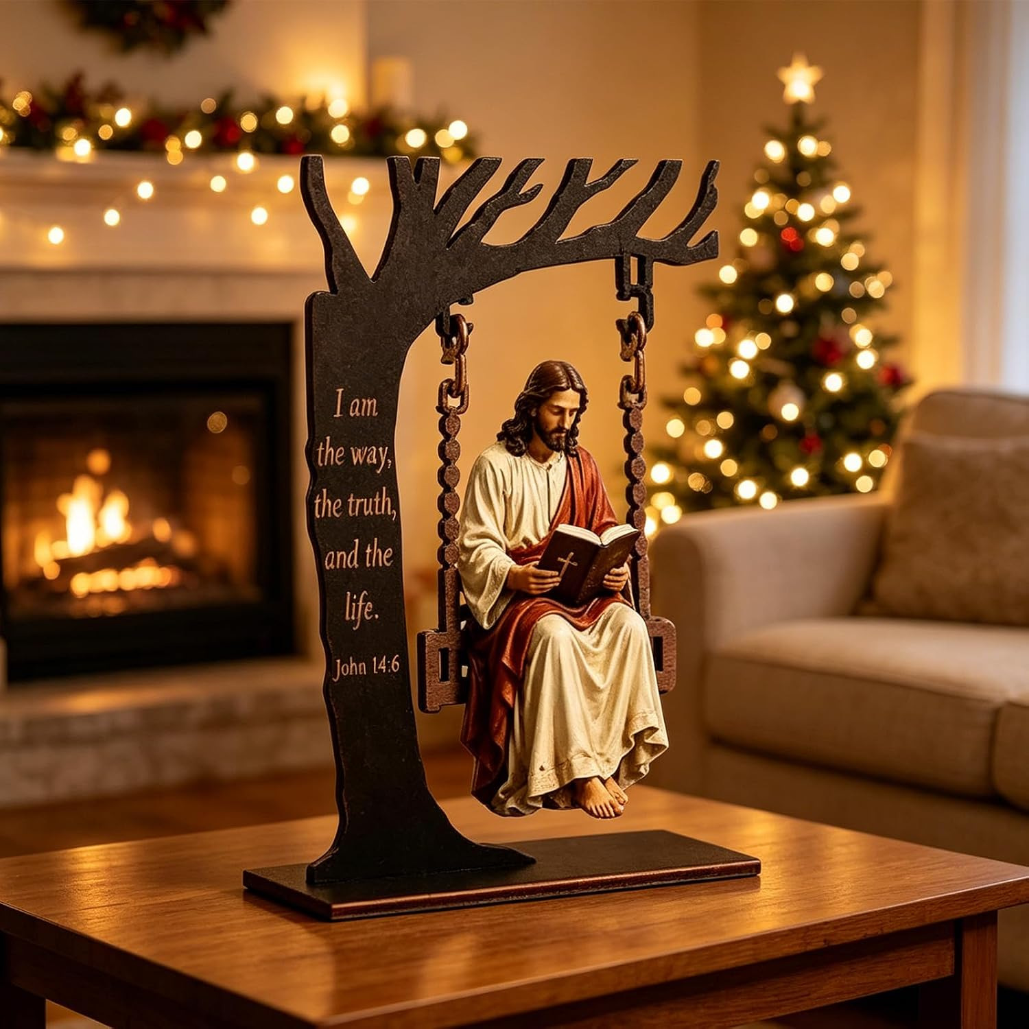 🕊️ Tree Swing Jesus Reading Tabletop Statue | Inspirational Christian Scripture Decor Gift