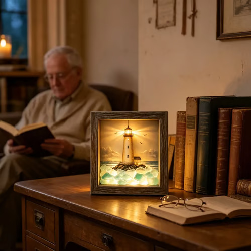 ⭐ Coastal Lighthouse Sea Glass Shadow Box Light | Nautical Wooden Frame LED Night Lamp