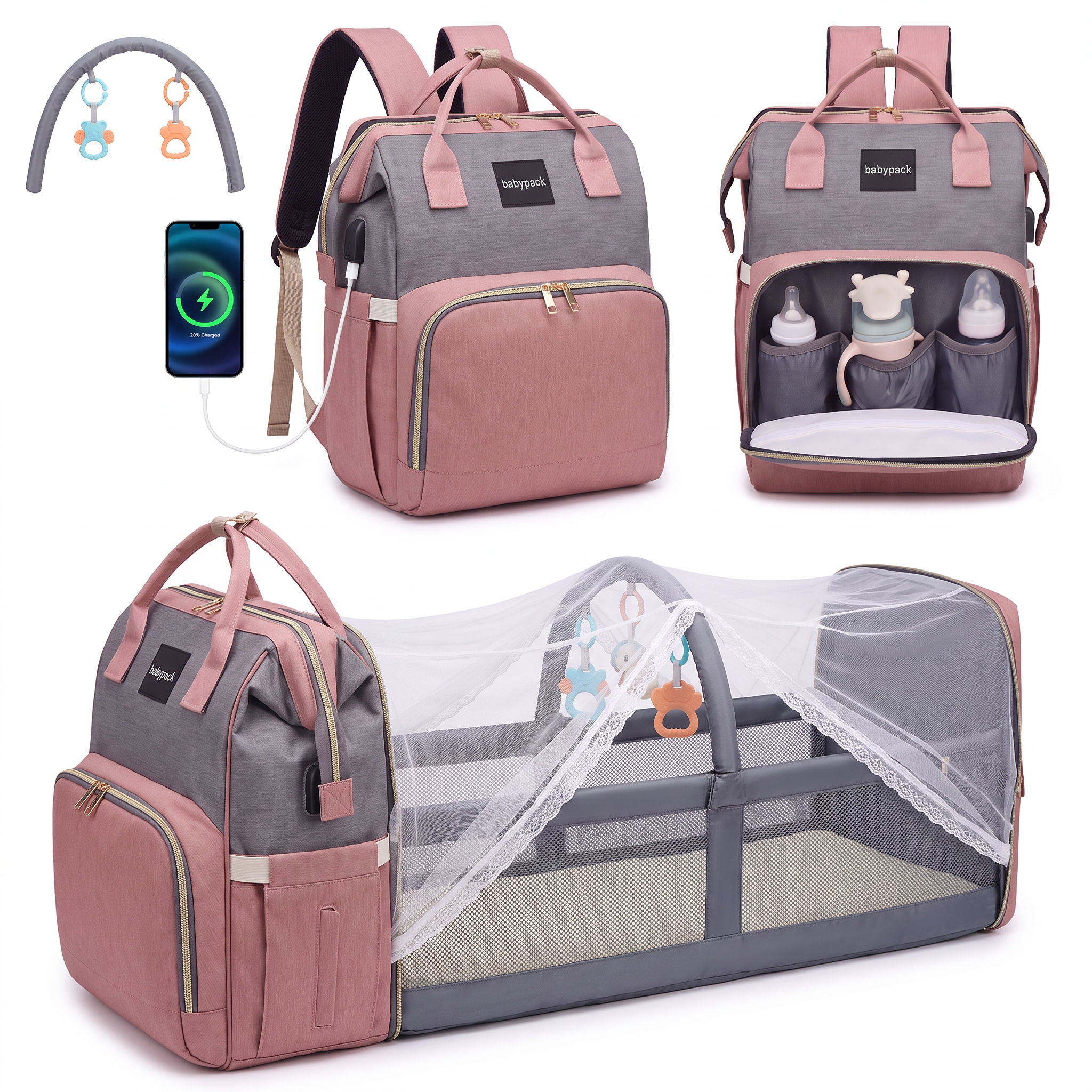 👶 3-in-1 Convertible Diaper Bag Backpack with Travel Bassinet