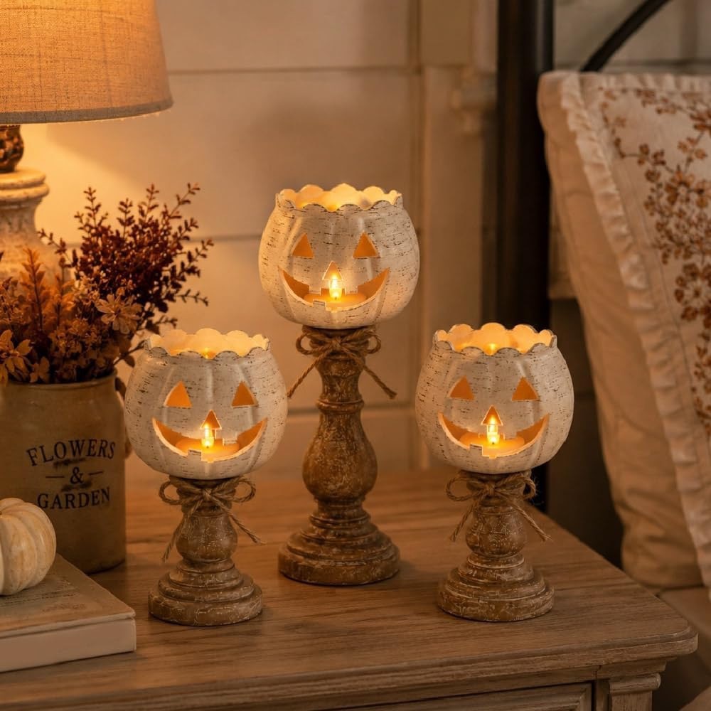 🎃 Rustic Jack O Lantern Pedestal Candle Holder Farmhouse Halloween Fall Tabletop Decor
