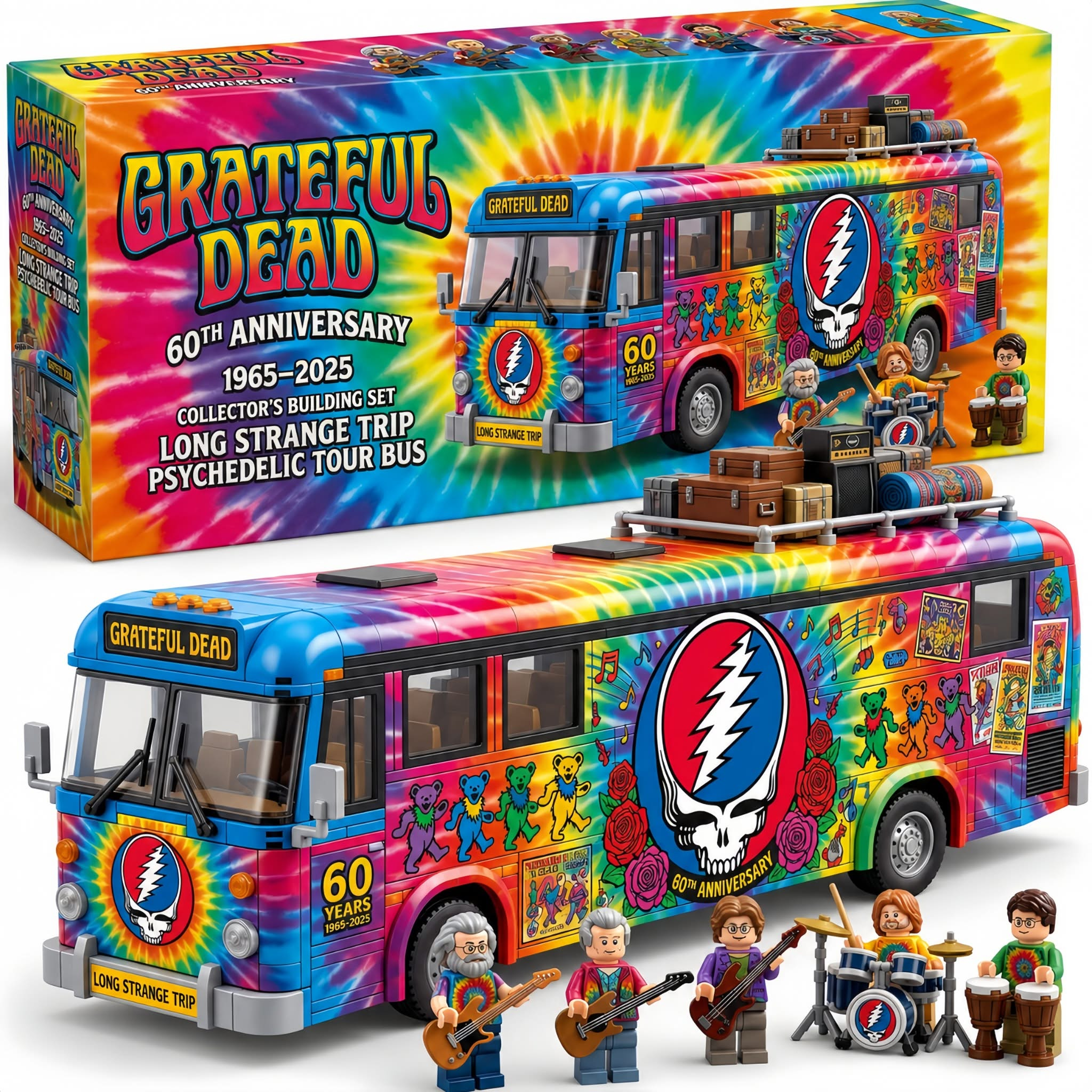 🚌 Grateful Dead 60th Anniversary Psychedelic Tour Bus Building Block Set | Rock Band Collector Brick Model