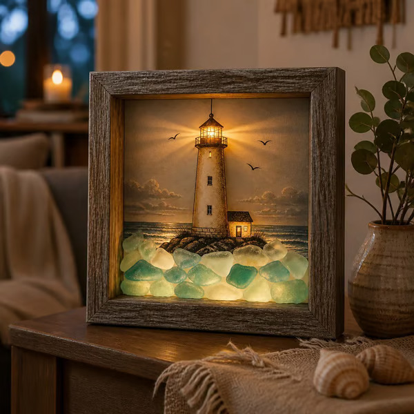 ⭐ Coastal Lighthouse Sea Glass Shadow Box Light | Nautical Wooden Frame LED Night Lamp