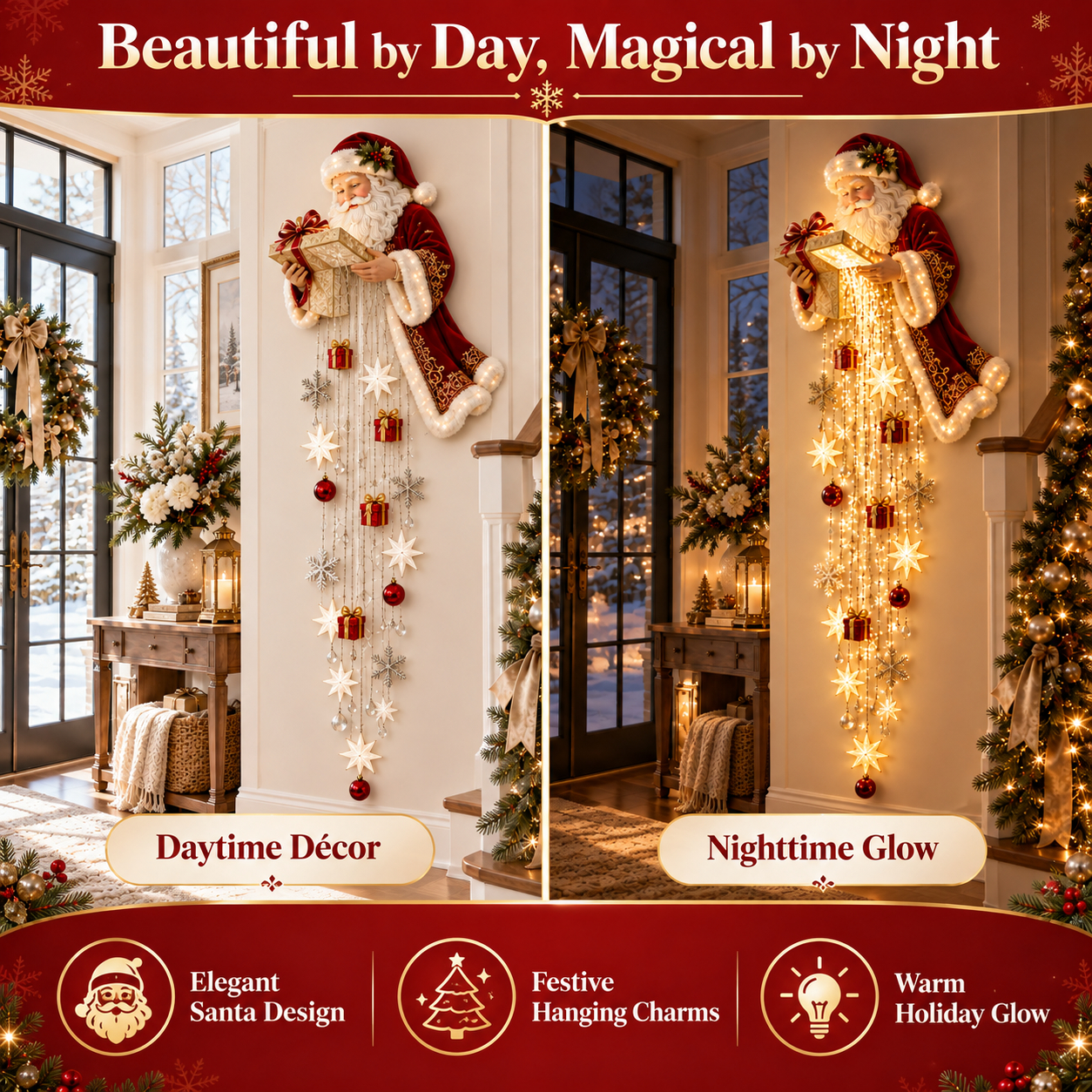 🎅 Santa’s Magical Gift Starfall Cascade | Lighted Christmas Wall Decor
