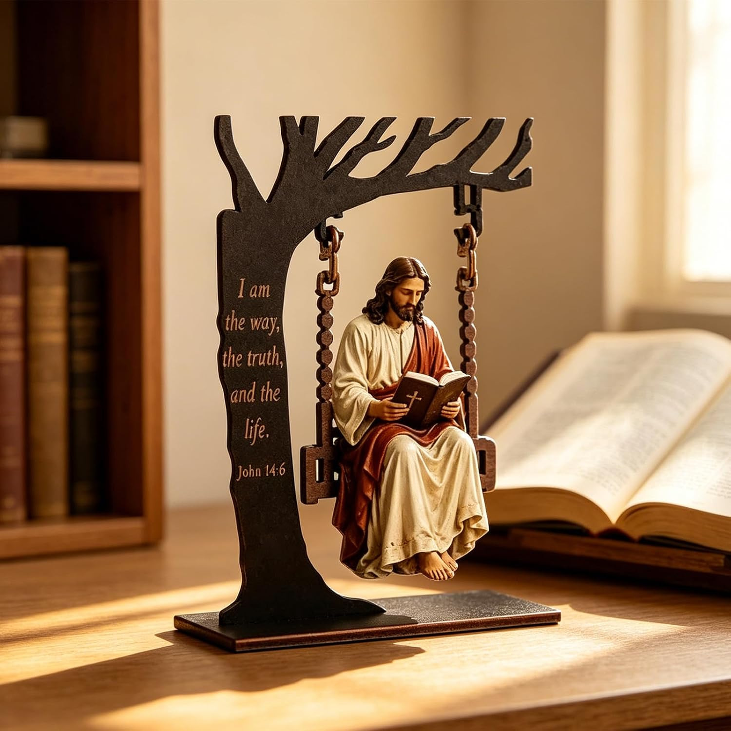 🕊️ Tree Swing Jesus Reading Tabletop Statue | Inspirational Christian Scripture Decor Gift