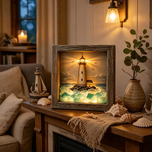 ⭐ Coastal Lighthouse Sea Glass Shadow Box Light | Nautical Wooden Frame LED Night Lamp