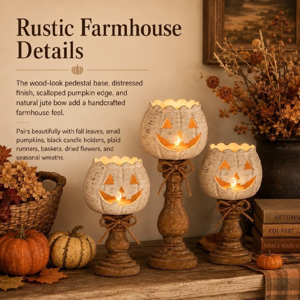 🎃 Rustic Jack O Lantern Pedestal Candle Holder Farmhouse Halloween Fall Tabletop Decor