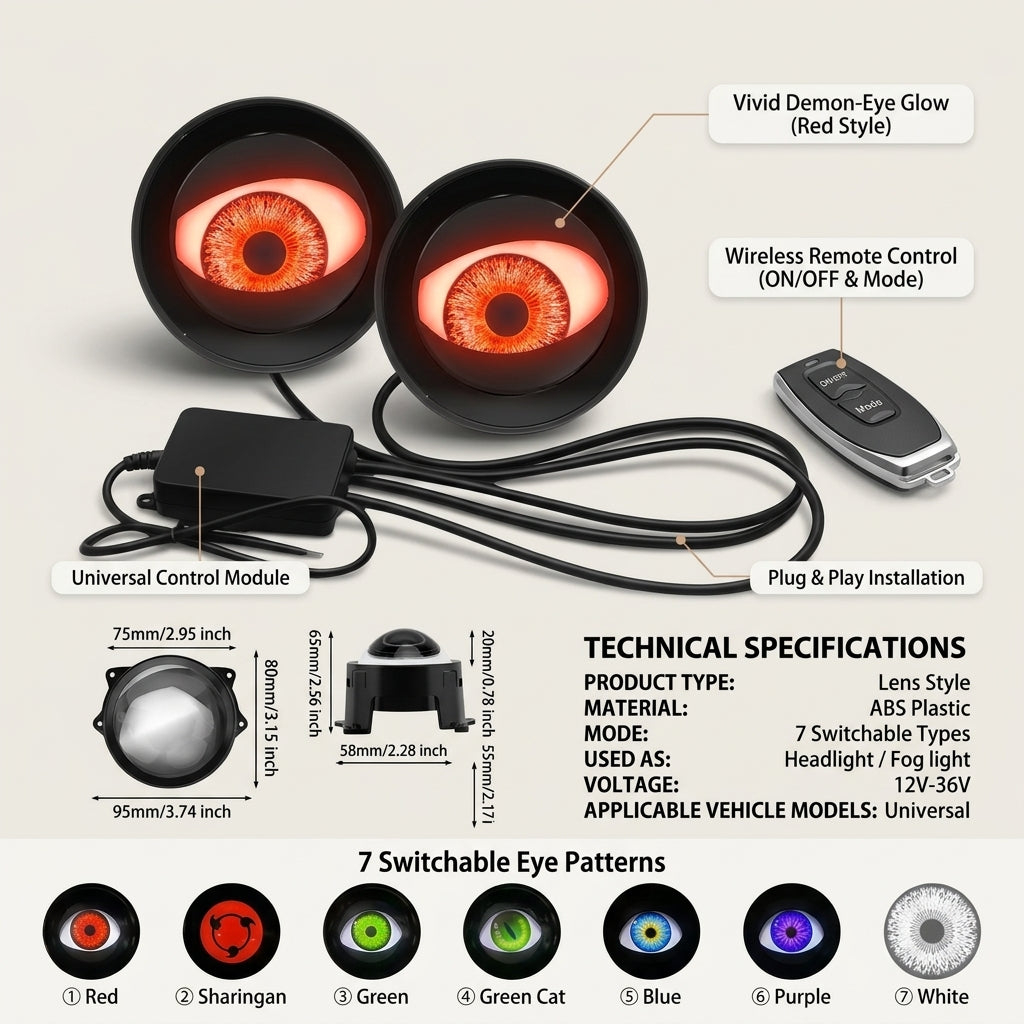 👿 Universal LED "Demon Eye" Car Headlight with Remote-Controlled Dynamic Ambient Lighting