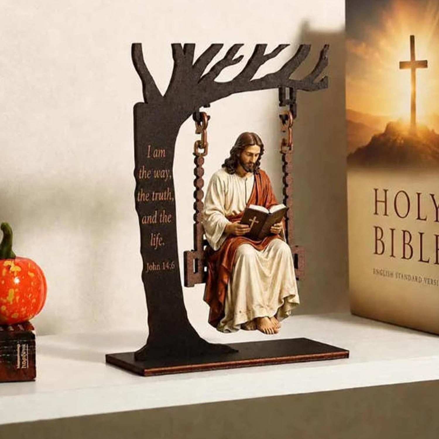 🕊️ Tree Swing Jesus Reading Tabletop Statue | Inspirational Christian Scripture Decor Gift