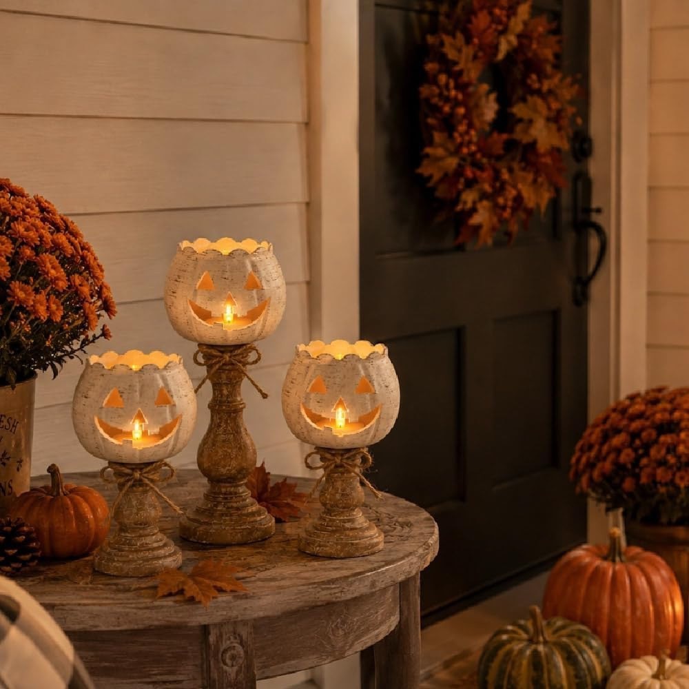 🎃 Rustic Jack O Lantern Pedestal Candle Holder Farmhouse Halloween Fall Tabletop Decor