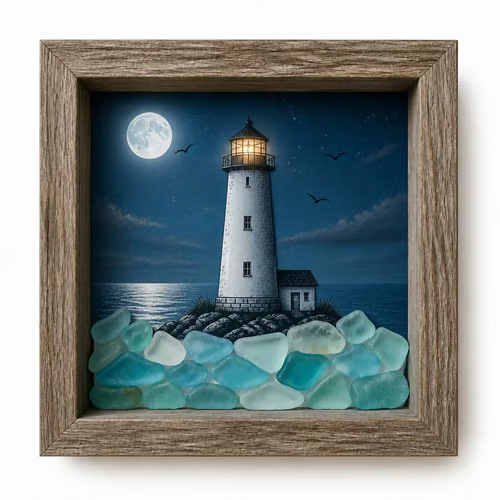 ⭐ Coastal Lighthouse Sea Glass Shadow Box Light | Nautical Wooden Frame LED Night Lamp