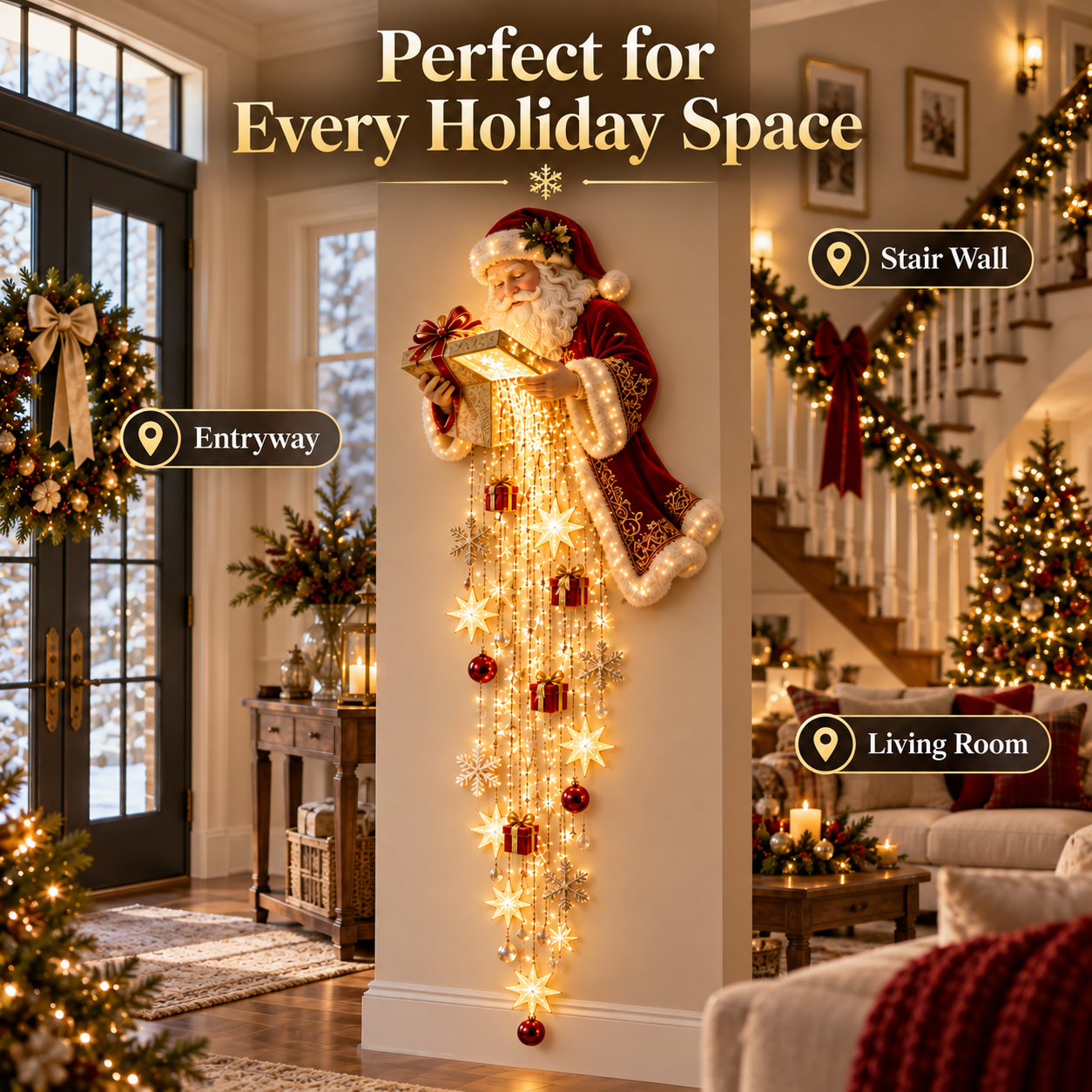 🎅 Santa’s Magical Gift Starfall Cascade | Lighted Christmas Wall Decor