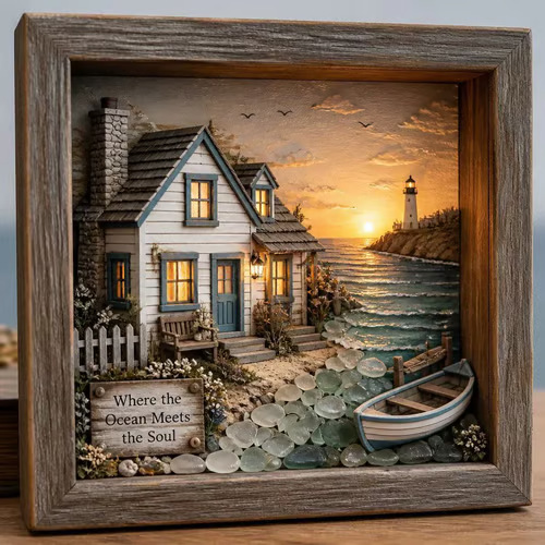 ⭐ Coastal Lighthouse Sea Glass Shadow Box Light | Nautical Wooden Frame LED Night Lamp