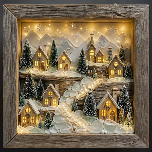 ⭐ Coastal Lighthouse Sea Glass Shadow Box Light | Nautical Wooden Frame LED Night Lamp
