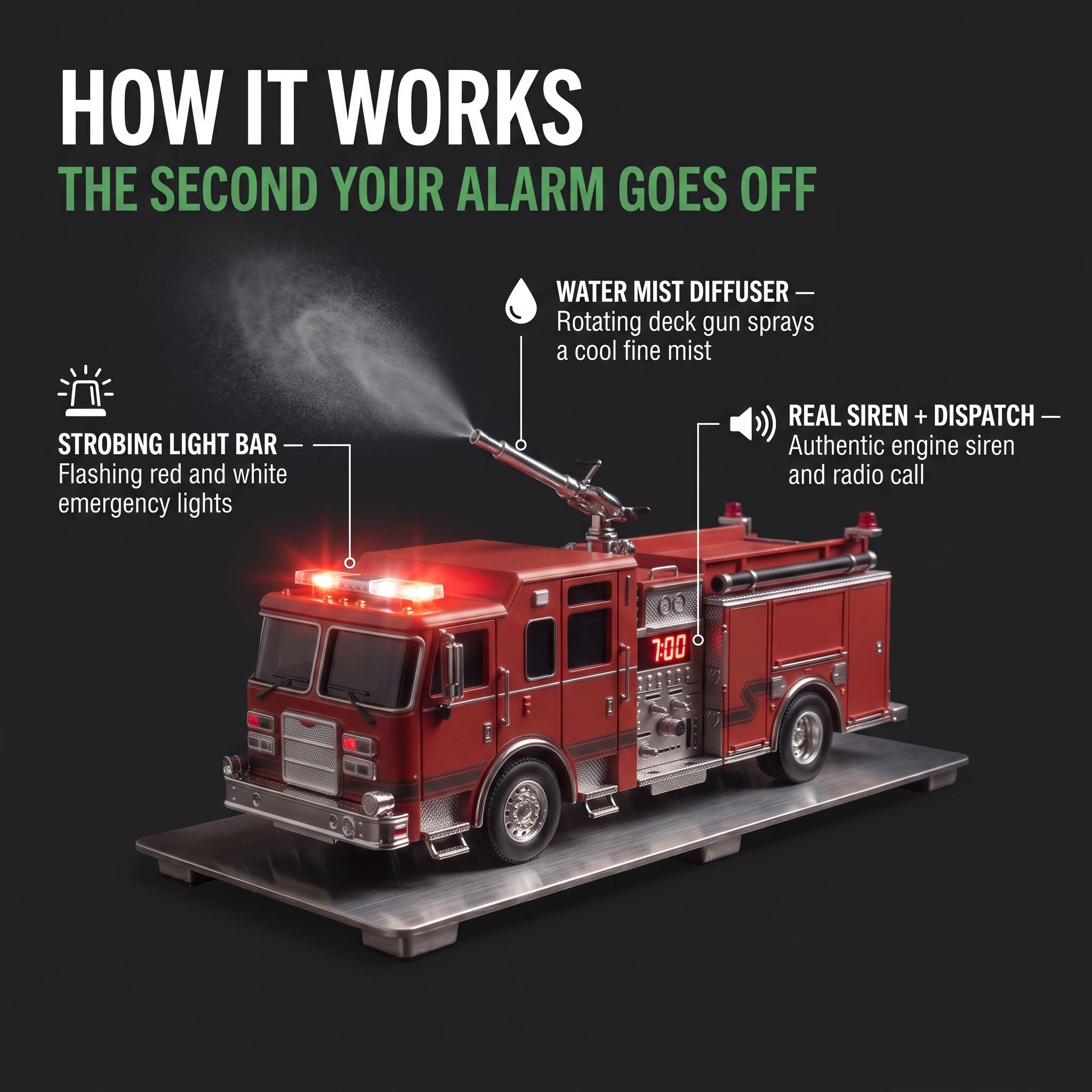 🚒 Die-Cast Fire Truck Multi-Function Alarm Clock With Mist Diffuser & Emergency Light Siren