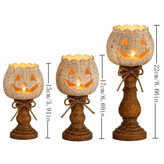 🎃 Rustic Jack O Lantern Pedestal Candle Holder Farmhouse Halloween Fall Tabletop Decor