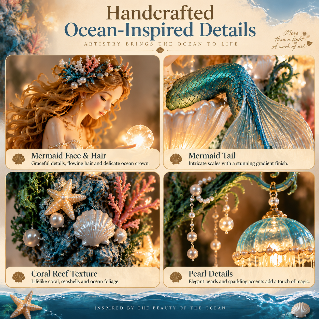Close-up reference for Mermaid Pearl sculptural and ocean-inspired details