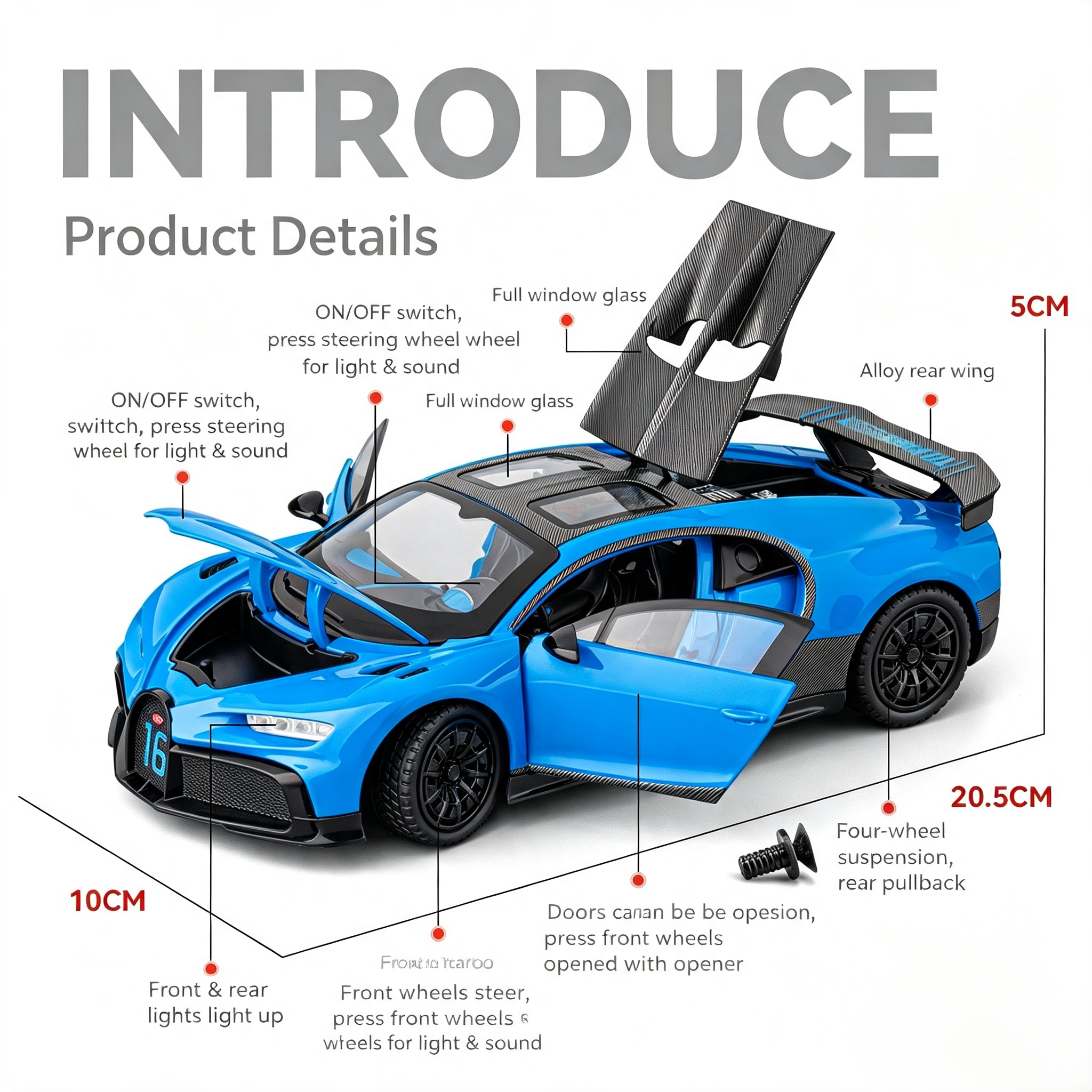 🏎️ Supercar Alloy Diecast Model Light & Sound Pull-Back Replica Car Toy / Collectible Decor