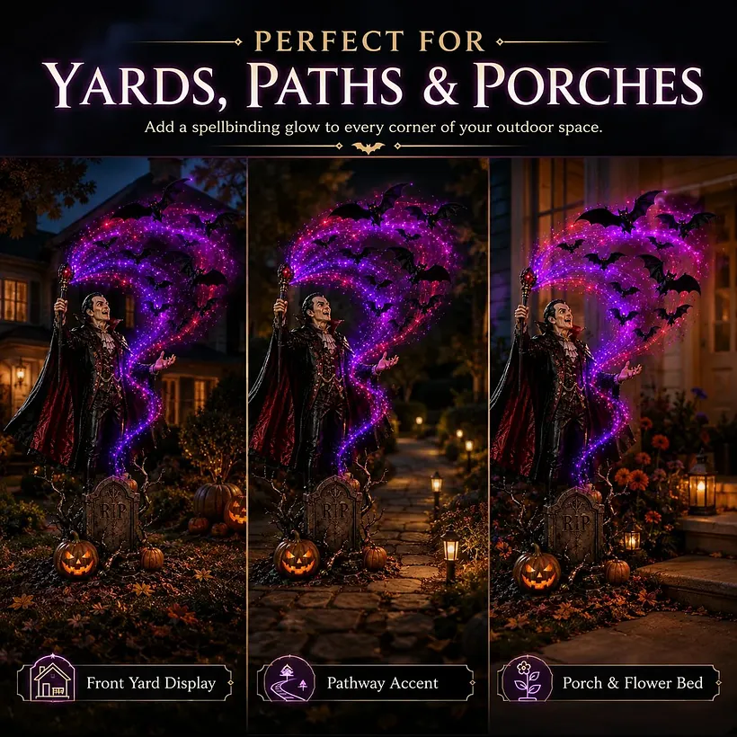 Halloween vampire decoration in yard pathway and porch