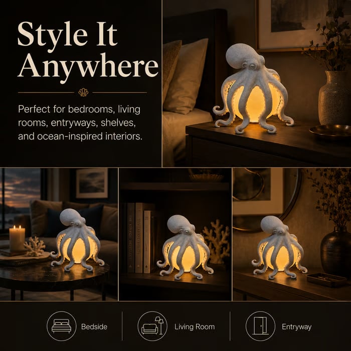 🐙 Textured Octopus Sculpture Table Lamp | Coastal Ocean Themed Warm Glow Accent Night Light