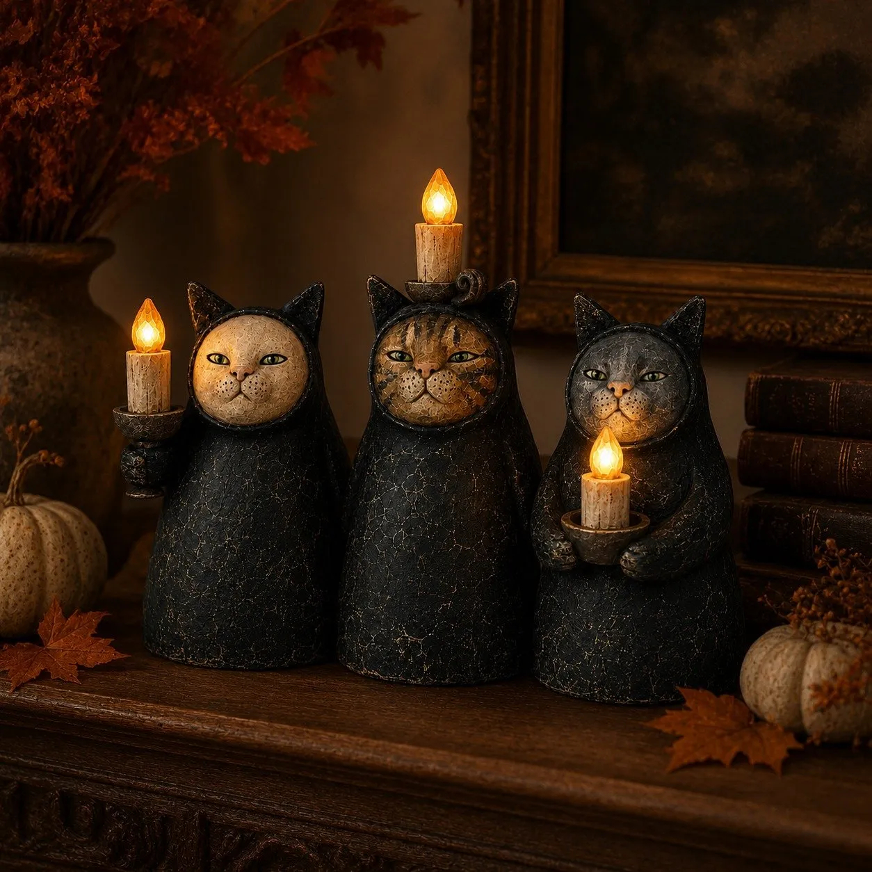 3-Piece Mysterious Hooded Cat Candlelight Figurine
