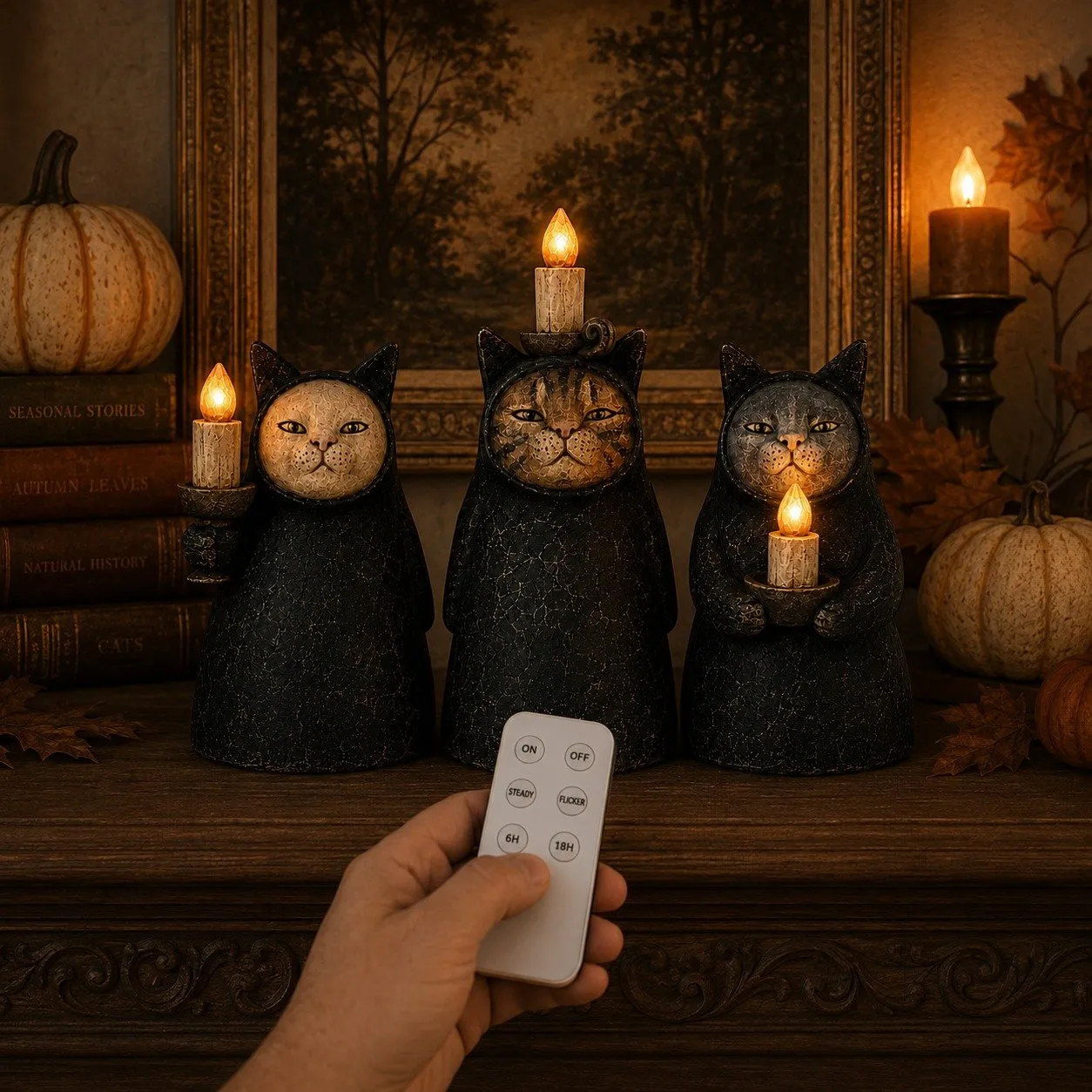 3-Piece Mysterious Hooded Cat Candlelight Figurine